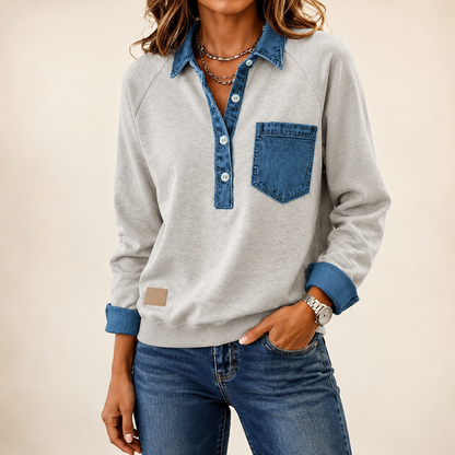Women’s Denim-Collar Patchwork Pullover