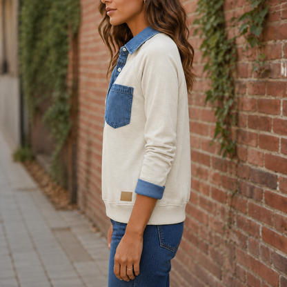 Women’s Denim-Collar Patchwork Pullover